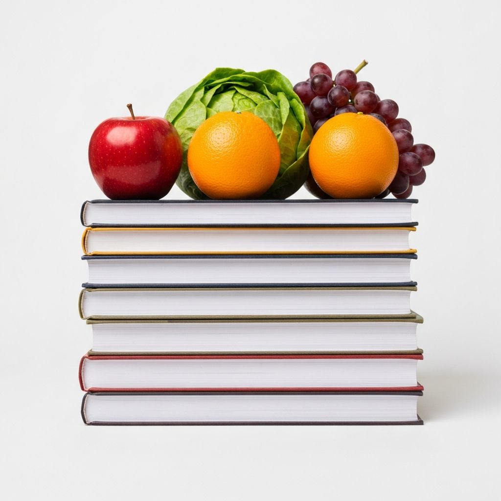 Books with fresh fruits and vegetables representing education